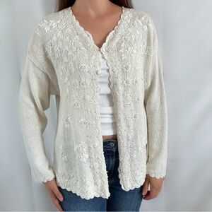 Vintage cream knit beaded cardigan sweater heirloom collectibles large cottage